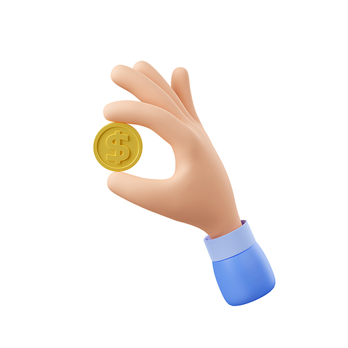 3d render hand holding golden coin between fingers isolated on white. Concept of money savings, donation, payment, profit, income, earnings, finance Illustration in cartoon plastic style
