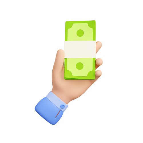 3D illustration of hand with paper money isolated on white. Business person holding bundle of cash. Symbol of income, investment, bank loan, tax payment, donation. Web or mobile app icon