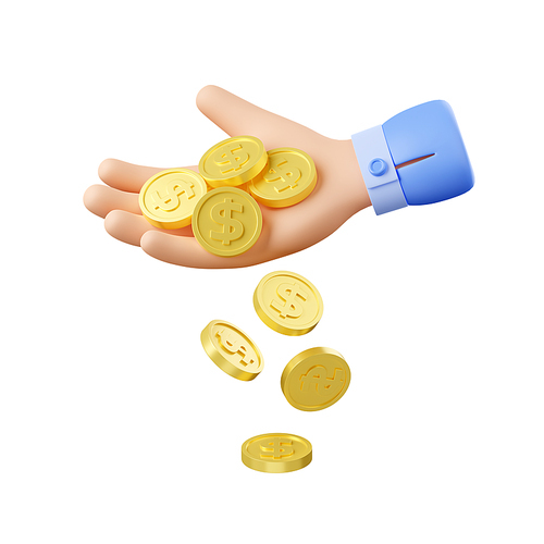 3D render hand dropping golden coins isolated on white. Rich person holding handful of money. Symbol of payment, wealth, income, donation, investment. Web or mobile app ui design element