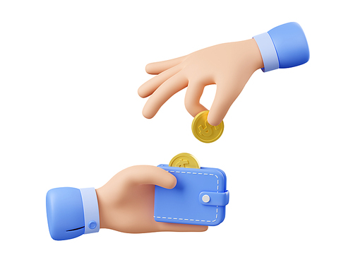 3D render hand putting coin in wallet isolated on white. Web or mobile app design icon. Illustration of person saving or spending money, receiving income, making investment, shopping