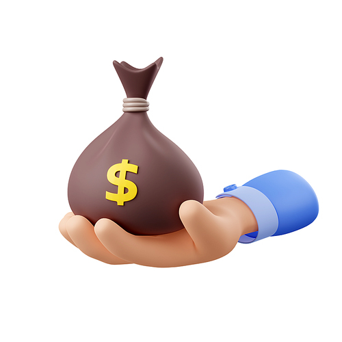 Hand hold bag with money. Icon of business, currency, investment, financial profit, loan or payment with man arm with brown bag with dollar sign, 3d render illustration isolated on white