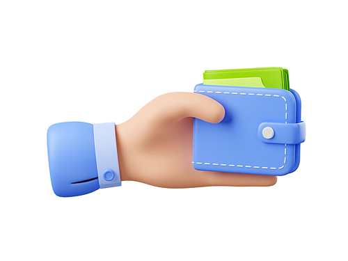 3D illustration of hand with wallet full of money and credit cards isolated on white. Web or mobile app design icon. Illustration of savings, income, family budget, investment, shopping