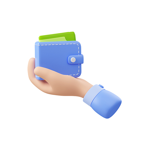 Human hand hold wallet with paper money cash. Concept of finance, payment, savings, budget with hand hold purse with paper dollar bills, 3d render illustration isolated on white