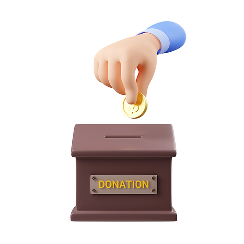 Hand puts gold coin in donation box. Concept of charity, donate money, payment in fund, financial support, sponsorship, 3d render illustration isolated on white