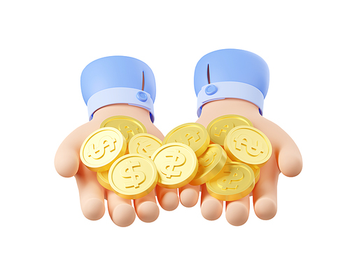 Two hands with pile of gold coins. Concept of money cash, wealth, financial success, savings or charity. Heap of dollar coins on human palms, 3d render illustration isolated on white