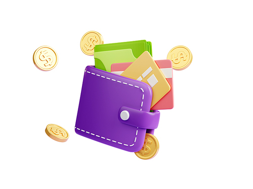 3D illustration of wallet with dollar coins and credit cards isolated on white. Money saving, budget planning, payment, shopping and cashback icon. Financial app or website design element