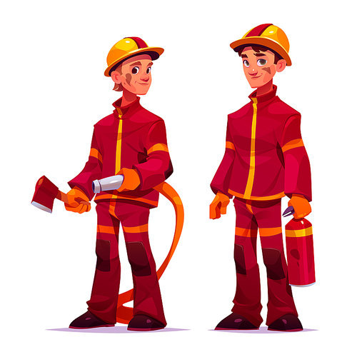 Firemen with extinguisher, water hose and ax. Vector cartoon illustration of two professional firefighters in red safety costume and helmet isolated on white 