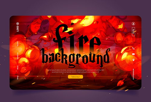 Fire background, cartoon landing page with red bomb explosion clouds over destroyed burnt land. Boom effect with smoke, Ui design with dynamite explosive detonation, atomic war Vector web banner