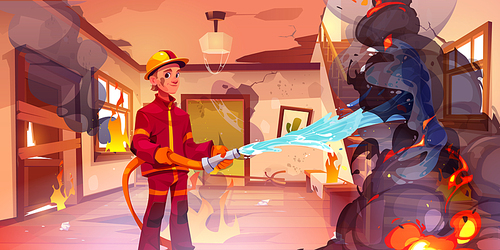 Firefighter extinguish fire in house room interior. Brave fireman wearing uniform and helmet holding water hose fighting with flame. Emergency service, rescuer profession, Cartoon vector illustration