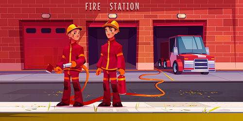 Firefighters characters at fire station with truck in garage box. Brave men rescuers in uniform and helmets holding water hose, axe and extinguisher for fighting with flame Cartoon vector illustration