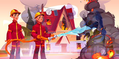 Firemen team with water hose extinguish ignition in house. Firefighters, people in safety costumes and helmets put out flame on street with burning building, vector cartoon illustration