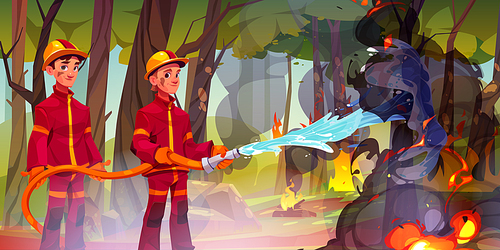 Cartoon firemen extinguishing wildfire. Vector design of brave firefighter characters wearing protective uniform and helmets spraying water hose on flame burning in forest. Picnic safety rules banner
