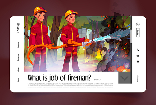Fireman job banner with men in safety uniform with water hose extinguishing flame in forest. Vector landing page with cartoon illustration of burning woods and firefighters