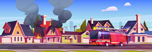 Fire truck at burning house in suburban area with cottages. Dangerous accident at home, firefighters vehicle near blazing countryside building or dwelling with black snoke, Cartoon vector illustration