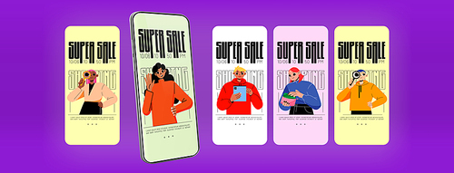 Super sale banners or mobile app onboard screens with diverse people. Male and female characters with maginifying glass, girl counting money in purse, man use gadget, Line art flat vector templates