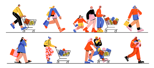 Happy people run to store sale. Vector flat illustration of diverse men and women with shopping carts and bags running for purchases. Concept of black friday sale, discount in shop