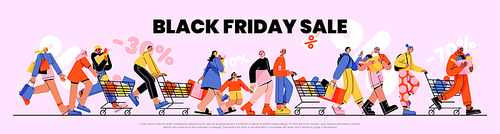 Black friday sale banner with people run for shopping. Promo background with excited characters hurry to buy things, purchase in store, riding trolley in supermarket, Line art flat vector illustration