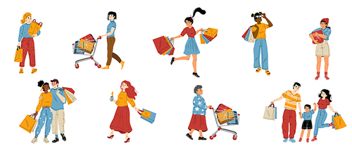 People shopping flat set isolated on white . Vector illustration of young men, women, couple, senior lady, family with kid carrying bags with purchases, gift boxes. Mall customers having fun