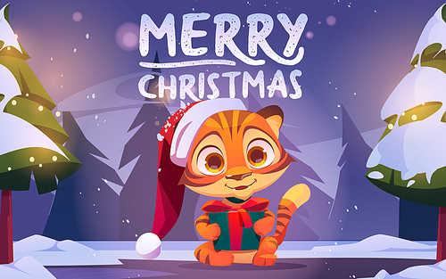 Merry Christmas poster with cute tiger with gift box in winter forest at night. Vector greeting card with cartoon illustration of woods landscape with snow and funny kitten in red Santa Claus hat
