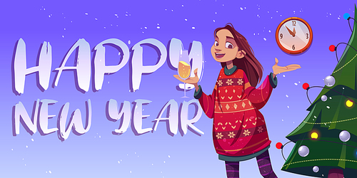 Happy New Year poster with girl in red ugly sweater, Christmas tree and clock. Vector greeting card with cartoon young woman with champagne celebrates winter holidays