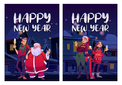 Happy New Year posters with Santa Claus and people with champagne on street at night. Vector greeting card with cartoon illustration with girls, guy and man in red costume celebrate winter holidays