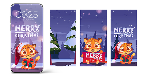 Merry Christmas wallpapers with cute tiger for mobile phone screensaver. Vector illustration of smartphone with cartoon backgrounds with kitten in red Santa Claus hat with gift box in winter forest