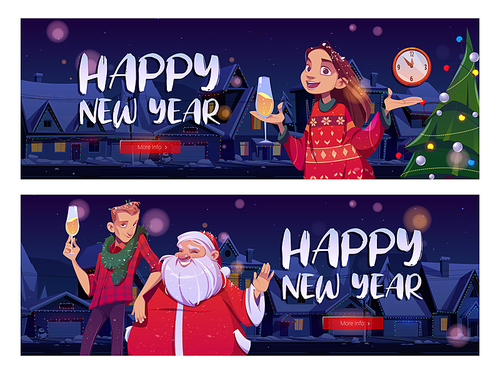 Happy New year web banners, party celebration. Cheerful Santa Claus, man and woman wearing knit sweaters drink champagne on night winter street, Merry Christmas greetings, Cartoon vector illustration