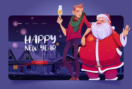 Happy New Year banner with Santa Claus and young man with champagne. Vector landing page with cartoon people celebrate winter holidays on city street with snow and houses with Christmas decor