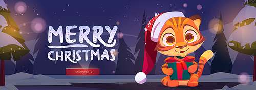 Merry Christmas banner with cute tiger in red Santa Claus hat in winter forest at night. Vector flyer with cartoon illustration of woods landscape with snow and funny kitten with gift box