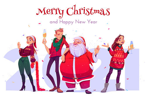 Merry Christmas and Happy New year party celebration. Cheerful people, friends wearing knit sweaters drink champagne around Santa Claus and confetti, 2021 greeting card, cartoon vector illustration