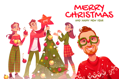Merry Christmas and happy New year greeting card with people decorate festive tree with balls and garland. Vector cartoon illustration of friends or team celebrate holidays together