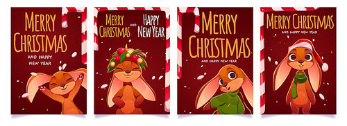 Set of Merry Christmas and New Year card templates. Vector illustration of colorful greeting postcards with cartoon bunny wearing Santa Claus hat, playing with snow, smiling. Festive congratulations