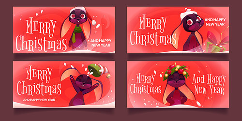Merry Christmas and Happy New Year banners or greeting cards with cute rabbit cartoon character, funny xmas bunny in Santa hat, holding broken gift box. winter holidays celebration Vector illustration