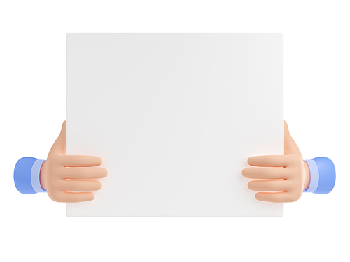 Hands hold blank banner, white placard or paper sheet. Human arms show poster, empty announcement board or advertising banner, 3d render illustration isolated on white