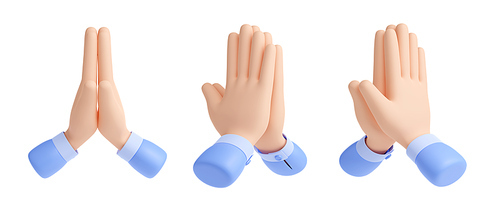 Pray, sorry hands gesture 3d render icons. Prayer arms front and angle view. Hope or beg symbol, graphic design for social media, isolated Illustration on white background in cartoon plastic style