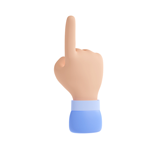 3d render pointing hand gesture, male palm with index finger showing up. Have an idea, attract attention, number one isolated Illustration on white background in cartoon friendly plastic style