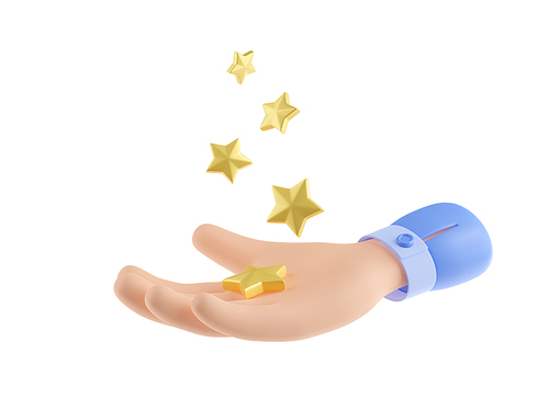 3d render hand holding gold stars. Business and social media concept of rating, user review, feedback and client service evaluation isolated Illustration on white background in cartoon plastic style