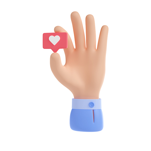 3D illustration of hand with like message isolated on white. Human fingers holding red heart speech bubble. Customer feedback icon. Symbol of satisfaction, love. Social media communication