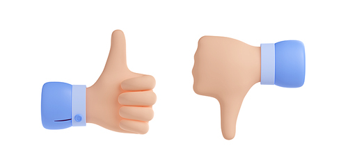 3D render set of like and dislike hand sign icons isolated on white. Thumbs-up and thumbs-down gesture illustration. Symbol of approval and disapproval. Social media feedback emoji design