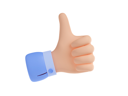 3d render thumb up sign, isolated hand gesture. Feedback, ok, like, satisfaction, approval communication symbol, body language media icon on white background, Cartoon illustration in plastic style