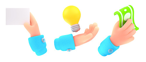 3d render hands holding bank or visit paper card, light bulb and money banknote. Concept for creative idea, payment and branding with businessman arms isolated Illustration in cartoon plastic style