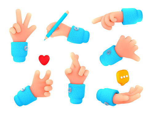 3d render hand gestures, thumb down, victory, pointing and crossed fingers with heart, writing palm and speech bubble isolated communication symbol, body language Cartoon illustration in plastic style