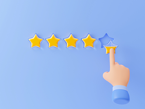 Customer feedback background with five gold rating stars and hand click on transparent star. Concept of rank, survey of client opinion and satisfaction, 3d render illustration