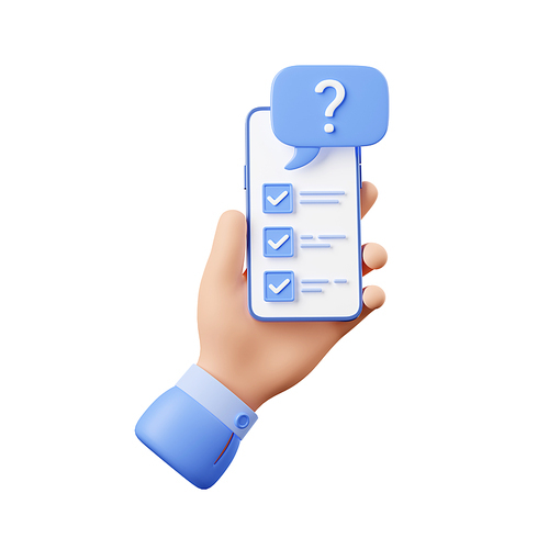 Hand hold mobile phone with check list on screen and question mark. Icon of online survey, exam, test, quiz or questionnaire, digital poll with checklist on smartphone, 3d render illustration
