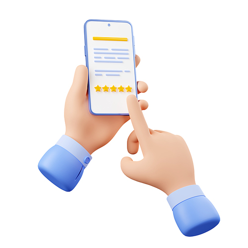 3d render customer leave feedback on phone screen. Hand holding smartphone with five star rating on desktop. Positive user review, rate, online assessment, Illustration in cartoon plastic style