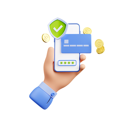 3D hand using online banking app on smartphone. Illustration of gadget in human palm, credit card, money and pin code authorization. Successful payment confirmation. Financial application design icon