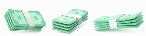 3d render money banknote piles side, front, angle view. Isolated green dollar packs on white . Paper currency bills, finance, jackpot, salary, Vector illustration in cartoon plastic style
