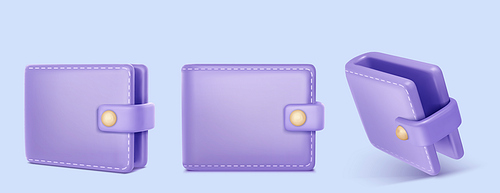 Wallet 3d icon, pocket for money cash and bank cards in front and angle views. Vector illustration of purple purse for bills and banknotes isolated on background