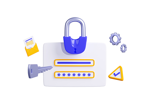 Computer security, privacy, data protection concept with account verification system with login and password, padlock, key and email icon, 3d render illustration isolated on white