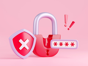 Concept of security warning, wrong password or login error with red padlock, shield with cross sign and exclamation points, 3d render illustration isolated on background